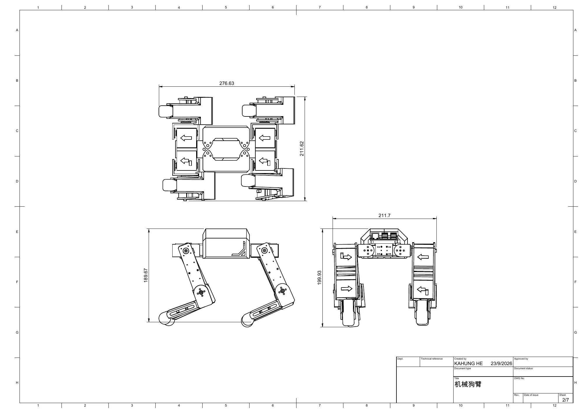 Quadruped orthographic views with overall dimensions